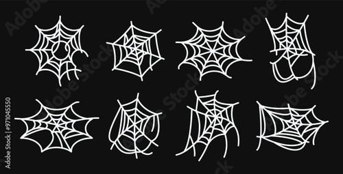 Spider web. Cobweb scary frames. Spooky Halloween background. Isolated gothic decorative elements set. Vector sticky tangled lines hanging in corners