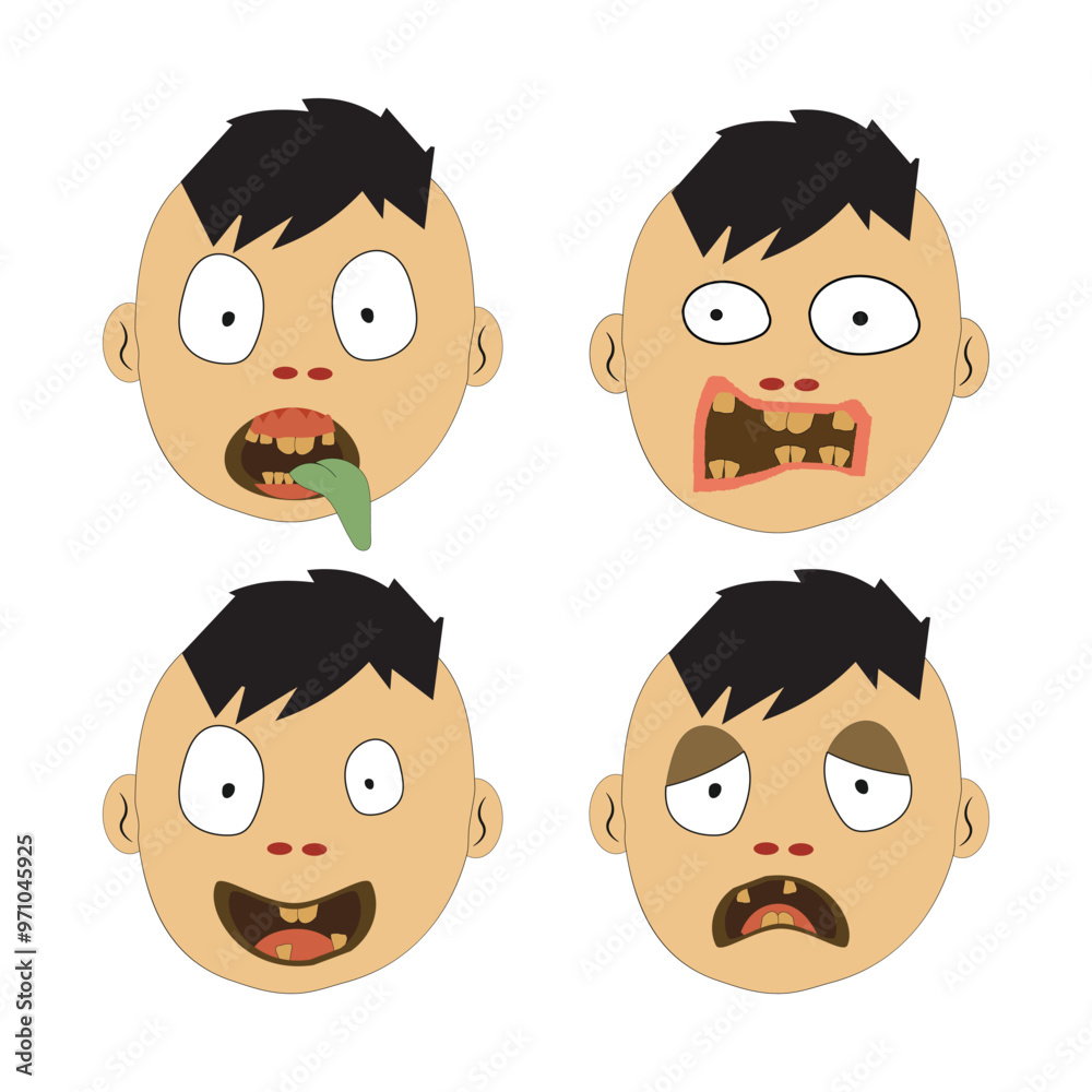 Set of four colorful zombie faces featuring various expressions, cartoon style, face exhibits unique horror features, designed Halloween themes. Vibrant scary faces perfect spooky graphic design Set of four colorful zombie faces featuring various expressions, cartoon style, face exhibits unique horror features, designed Halloween themes. Vibrant scary faces perfect spooky graphic design