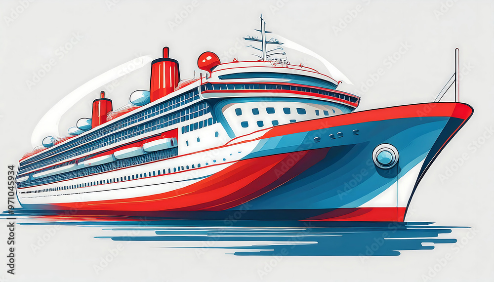 Cruise ship in vibrant red, blue, and white colors – A simple yet bright illustration o_1(101) Cruise ship in vibrant red, blue, and white colors – A simple yet bright illustration o_1(101)