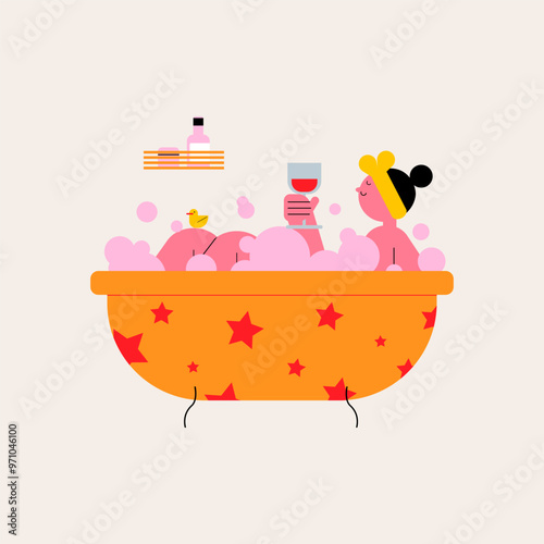 Happy woman taking a bath. Trendy vector illustration.