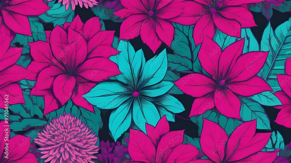 A pink flowers with teal-green leaves, creating a vibrant and striking contrast. Abstract flowers A pink flowers with teal-green leaves, creating a vibrant and striking contrast. Abstract flowers