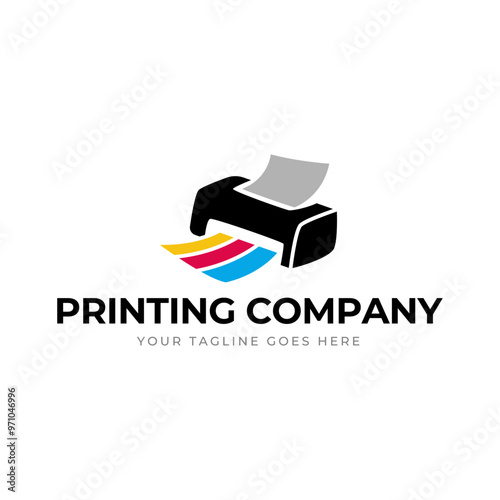 Printing company logo design with printer graphics  illustration with cyan, magenta, yellow, and black color.