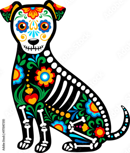 Day of the dead Mexican dog animal skeleton tattoo with vibrant traditional patterns and skeleton motifs, capture festive spirit and cultural significance of the Dia de los Muertos holiday celebration