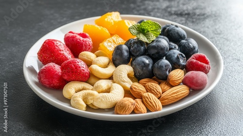 Healthy Snack Mix with Cashews  Almonds  Blueberries  Raspberries and Orange photo