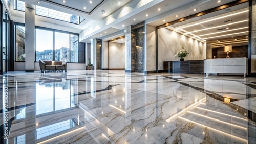 Elegant high-contrast image of polished Italian marble floor with subtle grey and white veining, reflecting light and adding sophistication to any interior setting.