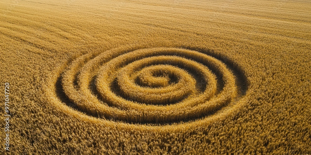 Naklejka premium Aerial view of a spiral pattern in a golden wheat field, showcasing agricultural art and natural beauty.