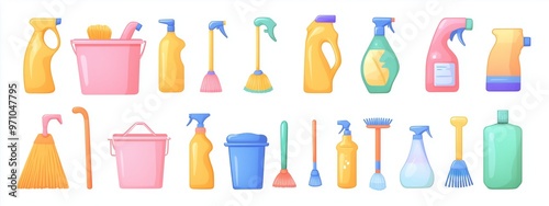 Assorted cleaning supplies displayed on a white background, highlighting tools and products for effective household cleaning tasks