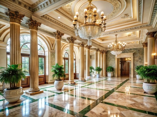 Elegant marble interior with neutral-toned walls, floor, and columns, adorned with ornate moldings, grand chandeliers, and lush greenery, exuding luxury and sophistication.