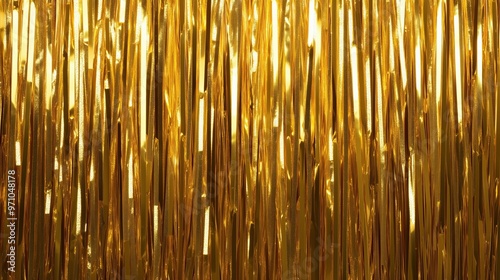 Shiny gold metallic foil fringe curtain for celebrations and event decor photo