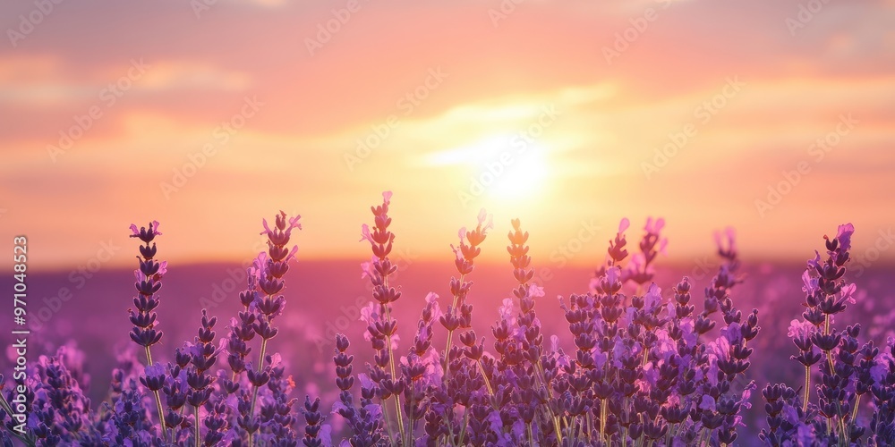 Naklejka premium Breathtaking lavender field under a soft sunset, showcasing nature's beauty and calmness with vibrant colors and peaceful ambiance.