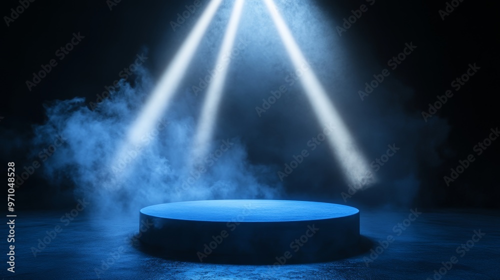 Illuminated Blue Circular Podium on Ground in Dramatic Smoke Filled Scene Illuminated Blue Circular Podium on Ground in Dramatic Smoke Filled Scene