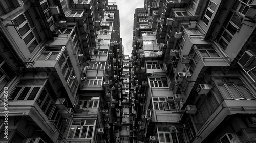 A detailed view of a commercial building in Hong Kong, captured in a striking black and white style. 