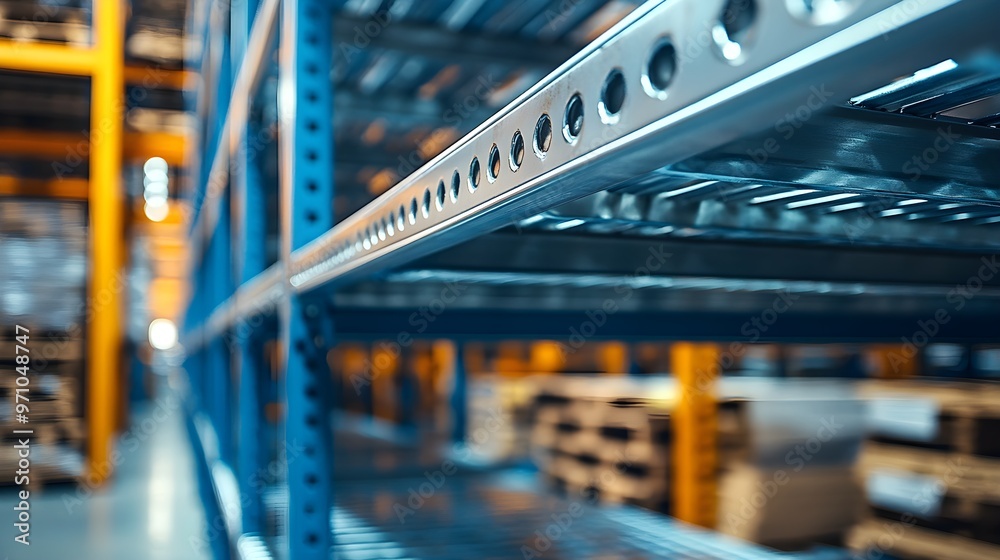 Close-up of a metal pallet rack, showcasing the intricate details of its welded joints, cold steel beams, and durable support columns, industrial background Close-up of a metal pallet rack, showcasing the intricate details of its welded joints, cold steel beams, and durable support columns, industrial background