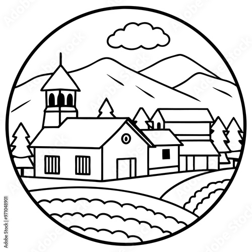 rural village scene outline coloring book page line art drawing