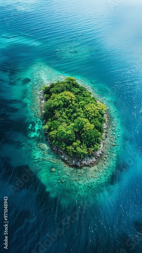 Aerial view of a lush, tropical island surrounded by vibrant, crystal-clear blue waters, perfect for serene and picturesque getaways in nature's lap.