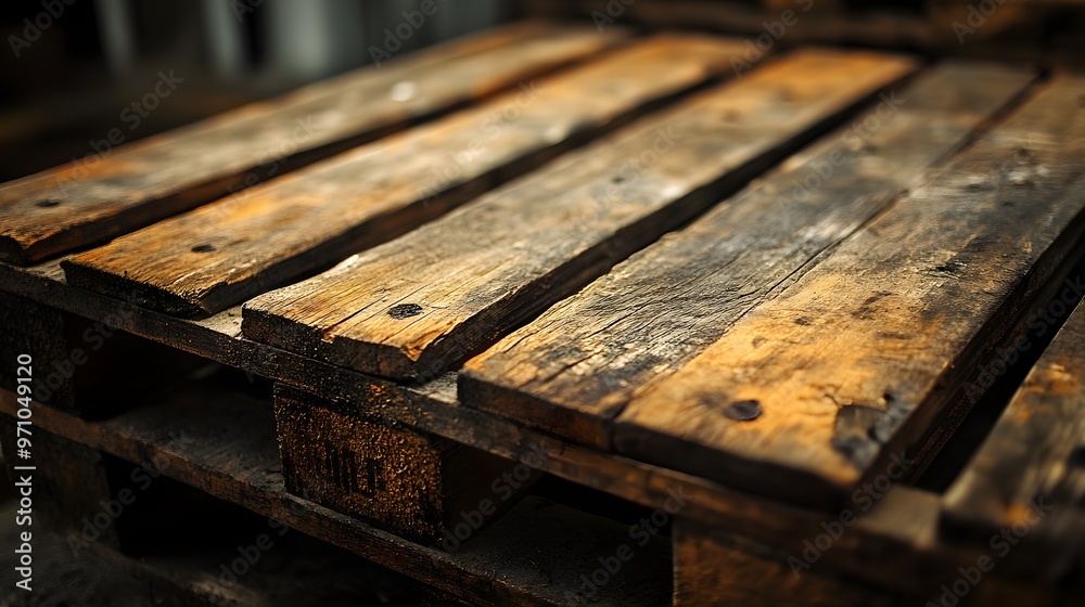 Close-up of a weathered wooden pallet with rough textures, capturing the grain details and industrial wear in a dimly lit warehouse Close-up of a weathered wooden pallet with rough textures, capturing the grain details and industrial wear in a dimly lit warehouse