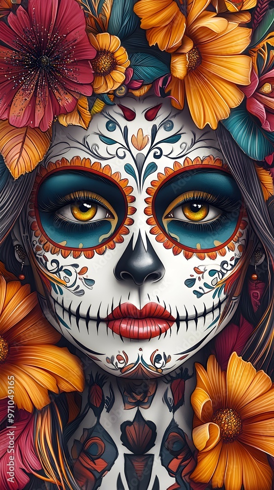 A mysterious woman adorned with Dia de los Muertos makeup, embodying the vibrant and culturally rich Festival of the Dead in Mexico. A mysterious woman adorned with Dia de los Muertos makeup, embodying the vibrant and culturally rich Festival of the Dead in Mexico.