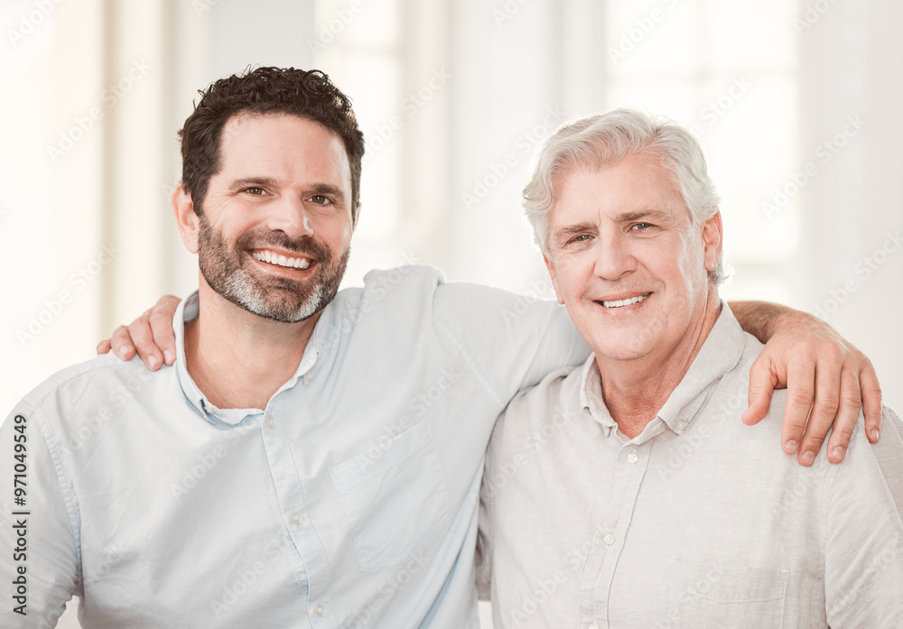 Portrait of senior father with man hug for bonding, happy relationship and relax together in home. Retirement, family and elderly parent with son embrace for affection, love or support in living room Portrait of senior father with man hug for bonding, happy relationship and relax together in home. Retirement, family and elderly parent with son embrace for affection, love or support in living room