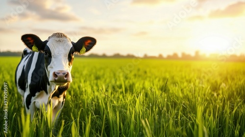 A serene cow stands in a lush green field under a vibrant sunset, capturing the essence of rural life and nature's beauty.