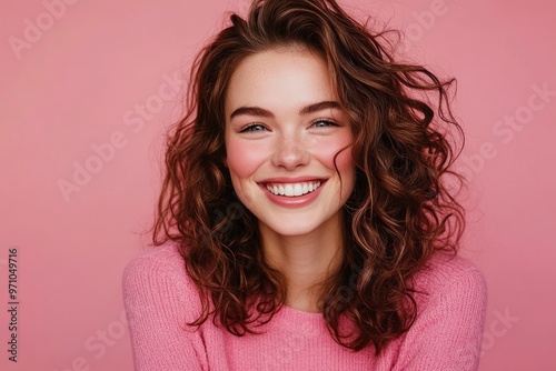 A cheerful young woman with wavy brunette hair and a beaming smile, dressed in a pink top, set against a complementary pink background. with generative ai