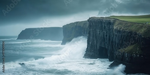 Dramatic coastal cliffs meet crashing waves under a moody sky, capturing the essence of nature's raw beauty and power. photo