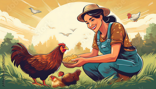  Farmer feeding chickens with a cheerful design – A lively illustration of a farmer happily _1(118) photo