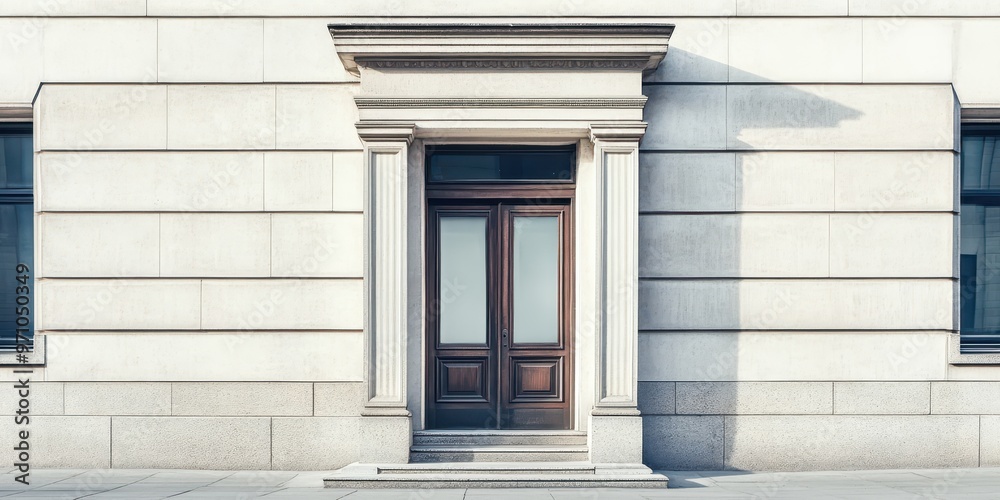 Elegant entrance featuring a classic wooden door against a modern stone facade, perfect for architectural and design themes. Elegant entrance featuring a classic wooden door against a modern stone facade, perfect for architectural and design themes.