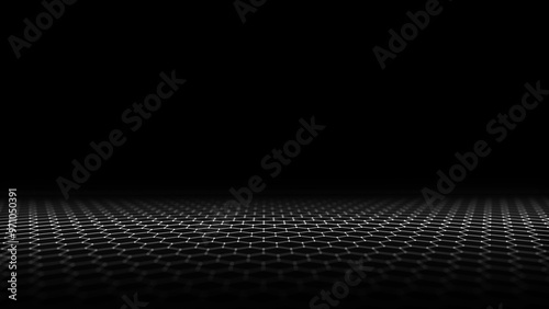 Abstract hexagon wave with white light on black background. Science background with moving dots ang lines. Network connection technology. Digital structure with particles. 3d rendering.