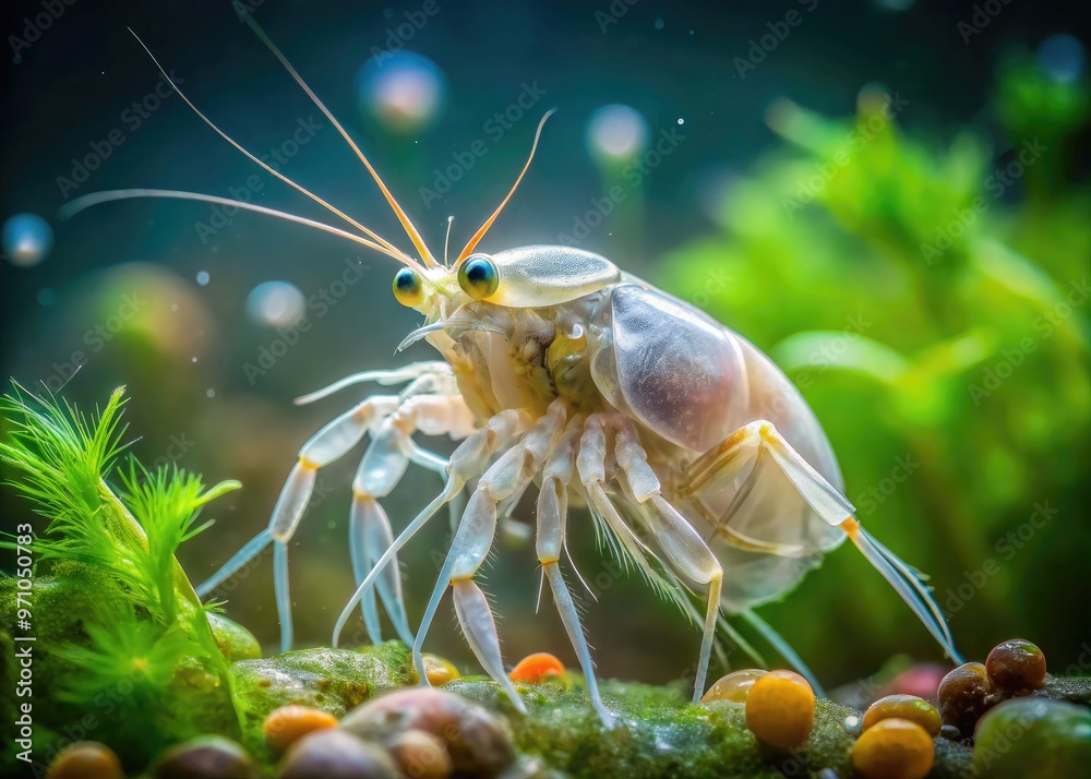 Ethereal, translucent crustacean with wispy antennae and delicate legs, seemingly suspended in mid-water, amidst a soft-focus, eerie aquascape with subtle plant life and muted tones. Ethereal, translucent crustacean with wispy antennae and delicate legs, seemingly suspended in mid-water, amidst a soft-focus, eerie aquascape with subtle plant life and muted tones.