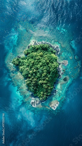 A bird's eye view of a serene island densely covered with palm trees, surrounded by crystal clear waters, rocky outcrops, illustrating untouched natural beauty.