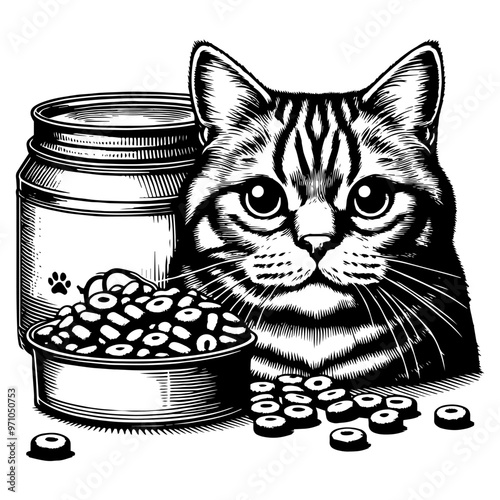Cat with a food bowl and dry cat food in a monochrome illustration. Vector, generative ai.
