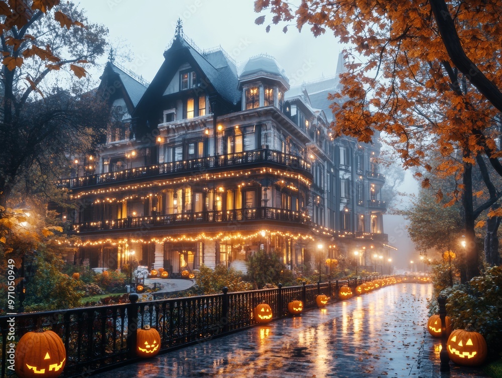 Naklejka premium Haunted hotel decorated for Halloween glowing orange lights flickering in the windows