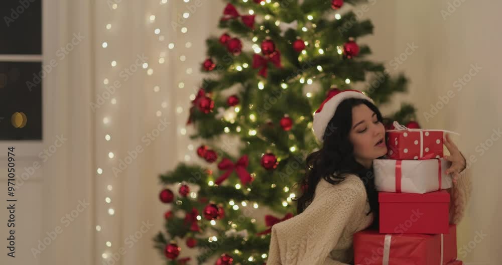 Woman in Santa Hat Placing Christmas Gifts by Decorated Tree Woman in Santa Hat Placing Christmas Gifts by Decorated Tree