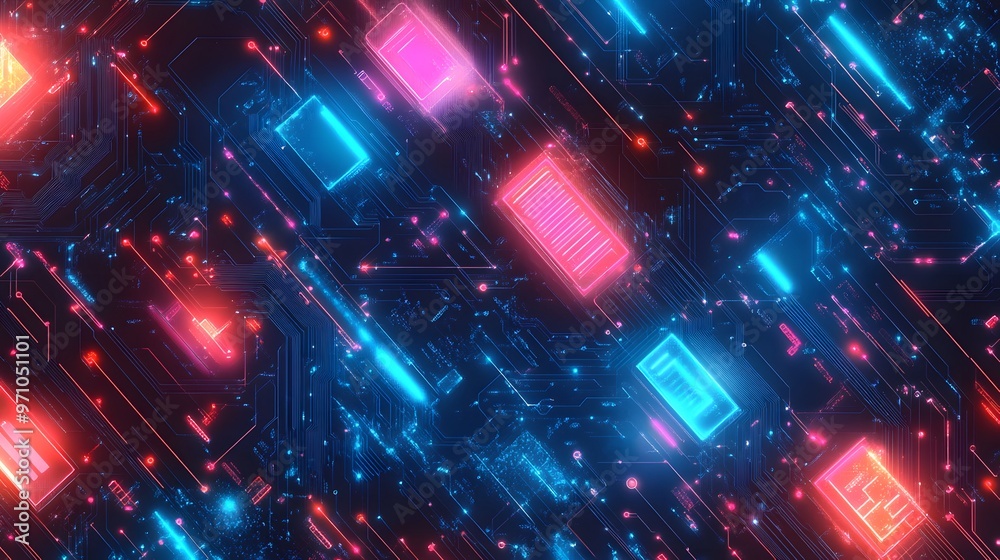 Obraz premium AI circuits and blockchain technology visualized in a seamless pattern
