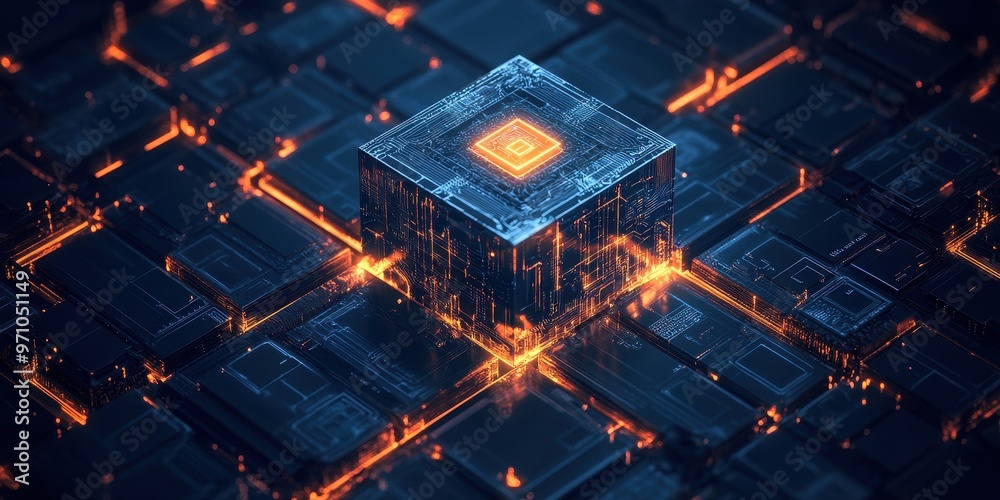 Futuristic digital microchip with glowing circuits, symbolizing advanced technology and innovation in computing.