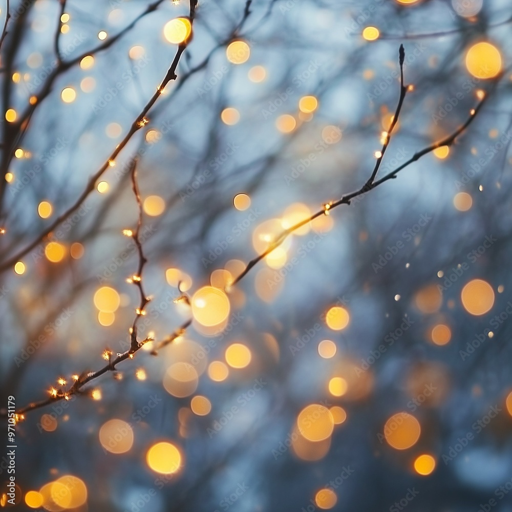 Fototapeta premium Delicate tree branches illuminated with golden bokeh lights in a serene winter evening atmosphere