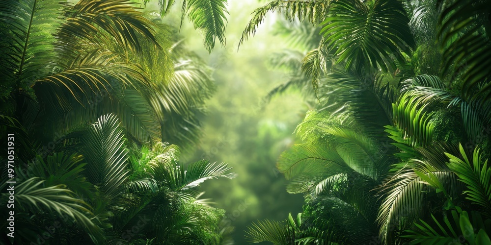 Fototapeta premium Lush tropical foliage creates a serene and vibrant atmosphere, inviting exploration and discovery in a dense green paradise.