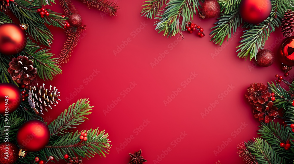 Festive blank space surrounded by red ornaments and pine branches, perfect for holiday greetings during the winter season Festive blank space surrounded by red ornaments and pine branches, perfect for holiday greetings during the winter season