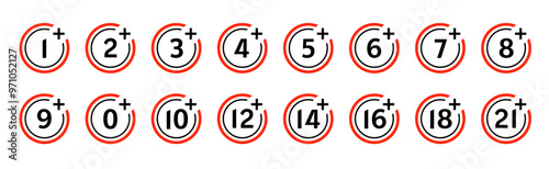 Under age signs, restriction symbols from 1 to 21 plus in black red circles. Isolated vector set caution media symbols for content rating, website compliance, age verification, regulation and safety