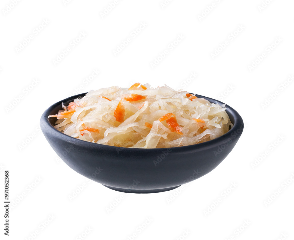 sauerkraut with carrot in a black ceramic bowl isolated on white background. sauerkraut with carrot in a black ceramic bowl isolated on white background.