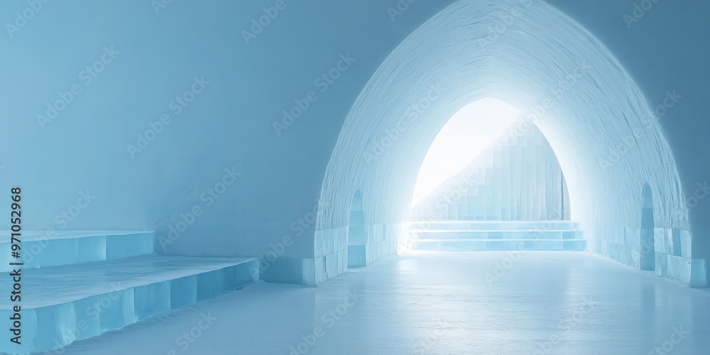 Fototapeta premium Serene blue entrance with an arch design, creating a tranquil atmosphere perfect for relaxation and inspiration.