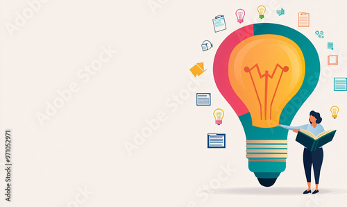 Innovative entrepreneur with an open book, contemplating ideas represented by large light bulb. scene conveys creativity and inspiration in professional setting