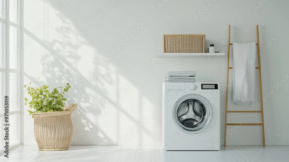 A bright and modern laundry room with a washing machine, plants, and organized shelves bathed in natural light during the day A bright and modern laundry room with a washing machine, plants, and organized shelves bathed in natural light during the day