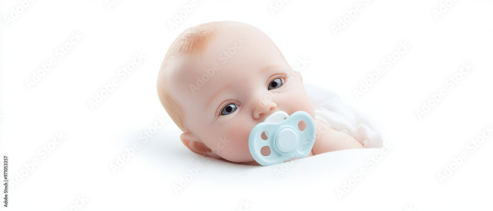 A baby is laying on a white surface with a blue pacifier in its mouth A baby is laying on a white surface with a blue pacifier in its mouth