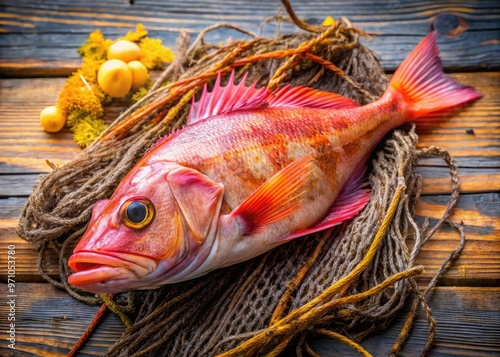 Freshly caught blackbelly rosefish with vibrant pink and orange hues lies on a worn wooden dock surrounded by scattered seaweed and fishing nets. photo