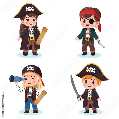 Cute different boys and girls in Pirate Costumes with sword, map and telescope. Vector illustration in cartoon flat style