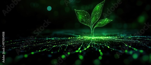 A vibrant green plant sprouts from a glowing surface, symbolizing growth and connection in a digital world.