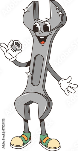 Retro groovy wrench tool character. Isolated cartoon vector friendly, repair hardware instrument personage with smiling face and sneakers, holding a nut, exuding a helpful and approachable vibe