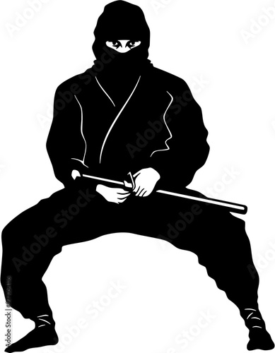 Ninjutsu fighter. Ninja, Japanese wrestler. Japan martial art. Asian warrior in mask, wrestling pose, stance, defending position, posture. vector illustration isolated on white background