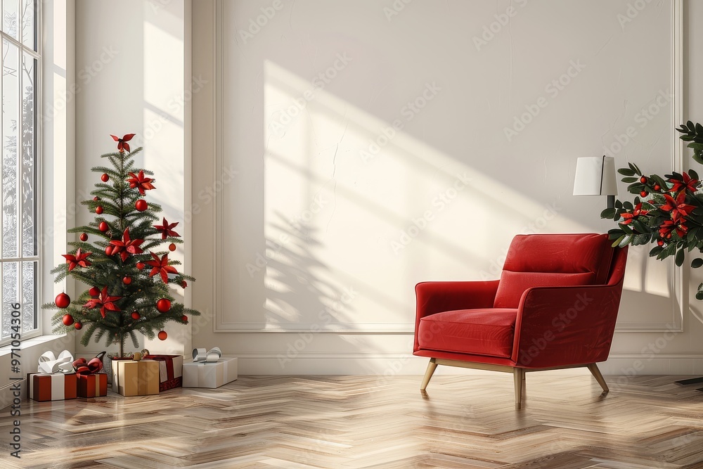 Modern living room with Christmas tree, gifts, red armchair, wood floor, lamp, window, and flower vase for design presentation. Modern living room with Christmas tree, gifts, red armchair, wood floor, lamp, window, and flower vase for design presentation.